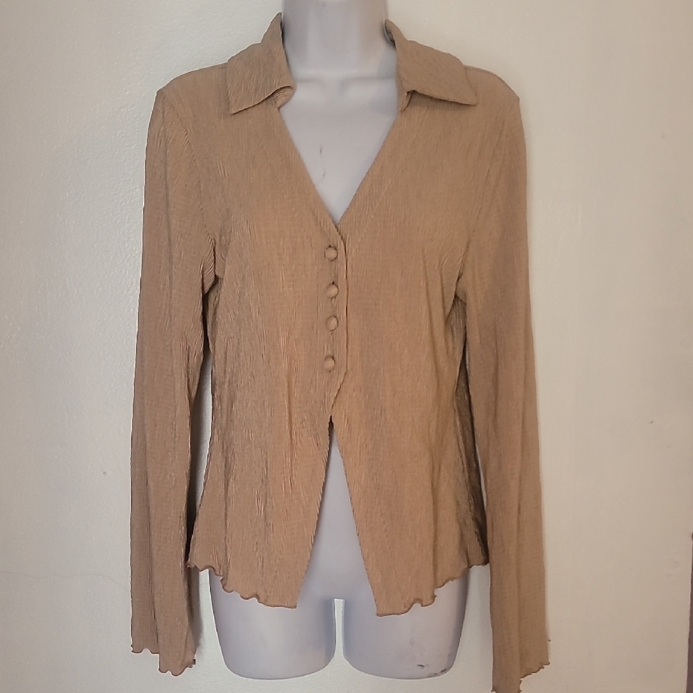 Cream Ribbed Button Down Shirt with Notched Collar